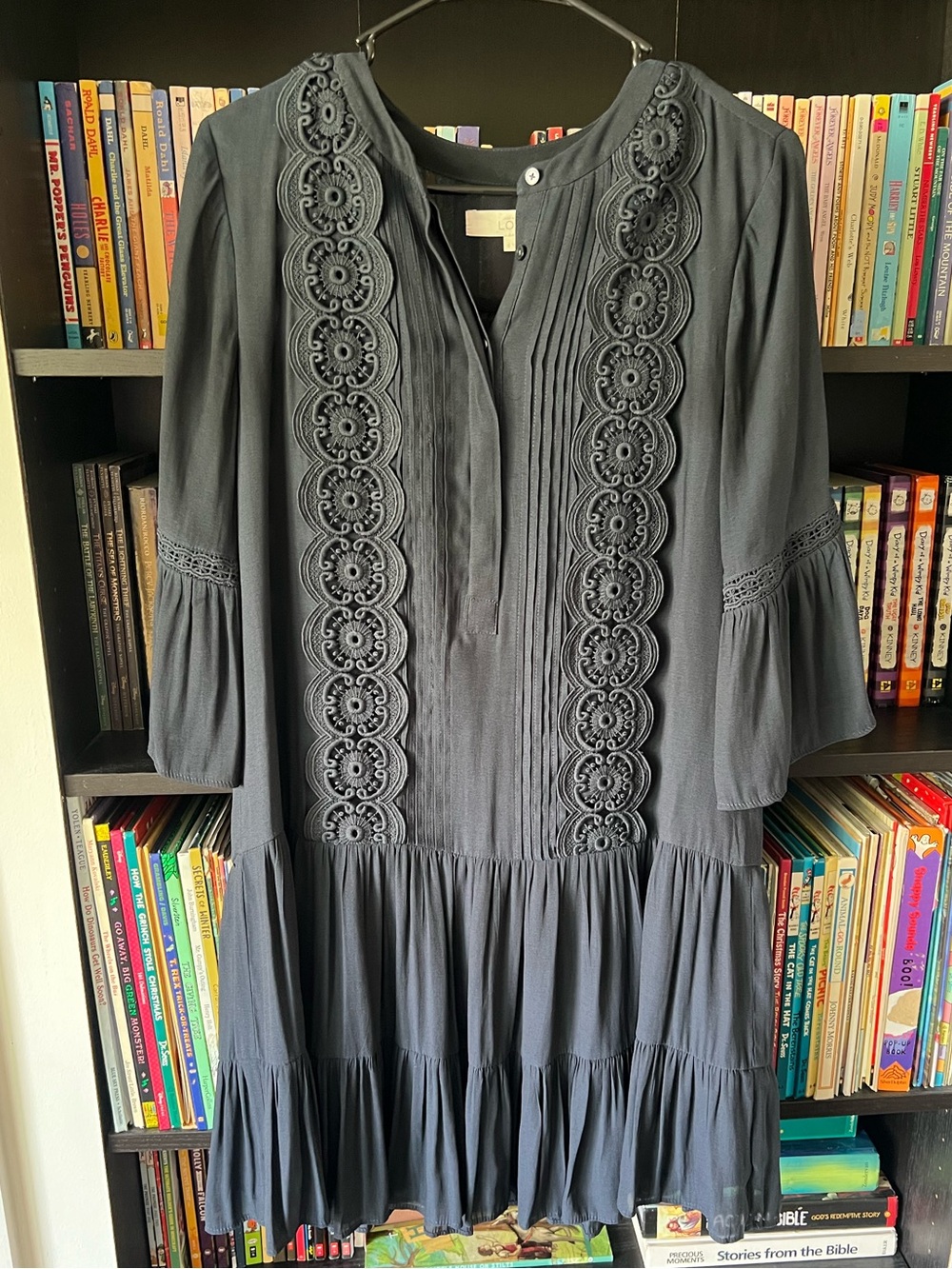 LOFT navy Embroidered Tiered Long-Sleeve Dress